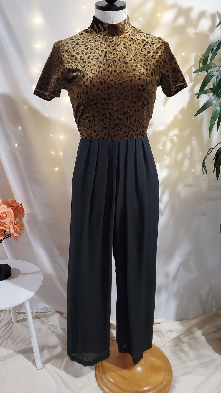 Vtg CDC Petites Velvet Leopard Animal Print Jumpsuit Size 6 Chiffon Wide Leg 90s